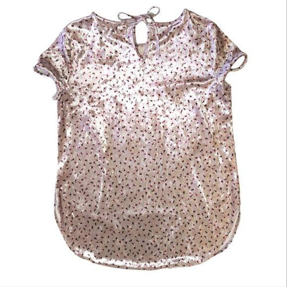 Lauren Conrad LC Pink Red Rosebud Print Short Sleeve Velvet Blouse Small - Picture 6 of 10